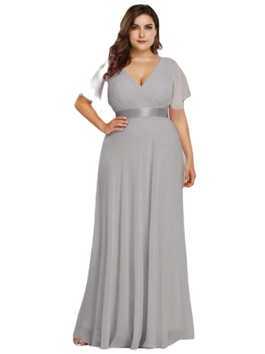 Vestido Elegante de Fiesta Largo Gris para Mujer Manga Ancha Cuello V  T Ch a Talla Extra