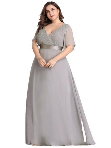 Vestido Elegante de Fiesta Largo Gris para Mujer Manga Ancha Cuello V  T Ch a Talla Extra