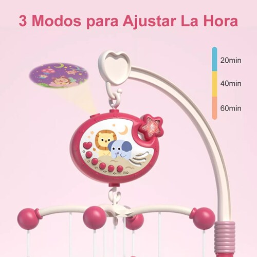 Móvil Para Cuna Musical Sonajero Giratoria Con Proyector Luz Rosa 