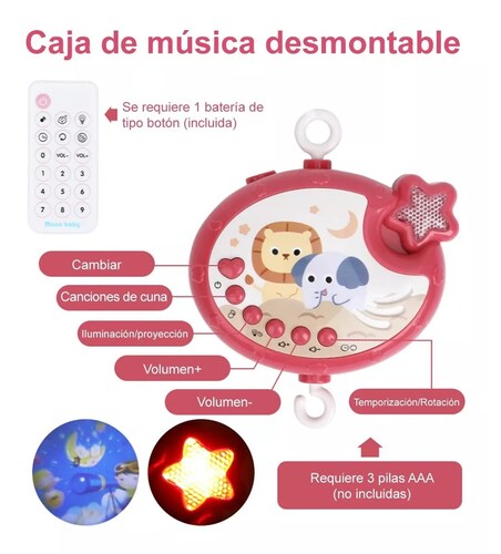 Móvil Para Cuna Musical Sonajero Giratoria Con Proyector Luz Rosa 