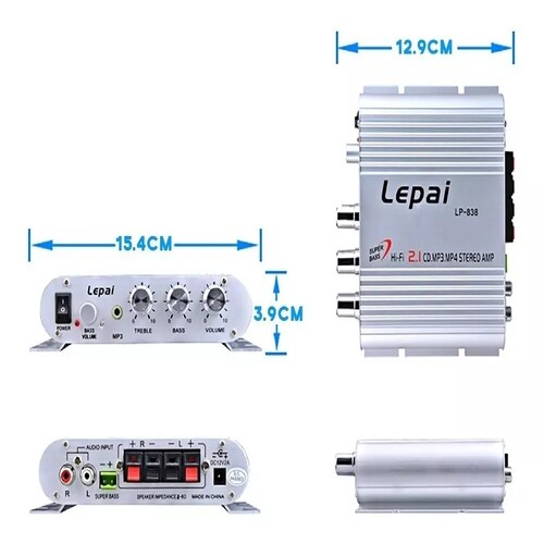 Amplificador Carro Subwoofer Rca Estereo De 2.1 Canales Plateado