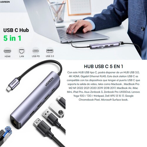 Hub Usb Tipo C  2 Puertos Usb 3.0 A 5 Gbps, Hdmi 4k a 30hz, Rj45 ,gigabit Ethernet Y Carga Rápida 100w