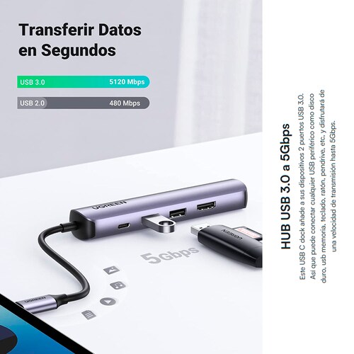 Hub Usb Tipo C  2 Puertos Usb 3.0 A 5 Gbps, Hdmi 4k a 30hz, Rj45 ,gigabit Ethernet Y Carga Rápida 100w