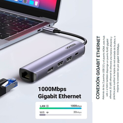 Hub Usb Tipo C  2 Puertos Usb 3.0 A 5 Gbps, Hdmi 4k a 30hz, Rj45 ,gigabit Ethernet Y Carga Rápida 100w