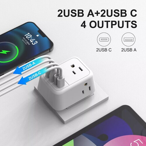 Adaptador De Europeo 4 Enchufes Con Puertos 2tipo C Y 2usb