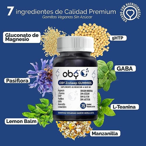 OBY Zzzleep GUMMIES 75 Gomitas de Magnesio, GABA, 5HTP, Pasiflora, Toronjil, L Teanina y Manzanilla | Suplemento alimenticio 100% Vegano - Sabor Mora Azul Sin azucar