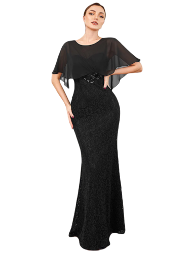 Vestido Elegante de Fiesta Largo Negro Corte Sirena Capita con Olanes Curvy T Ch a Talla Extra