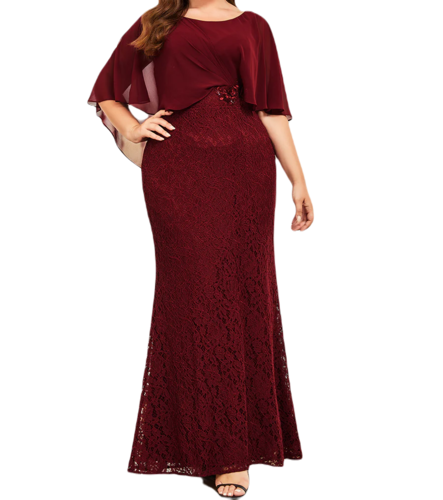 Vestido Elegante de Fiesta Largo Guinda Vino Corte Sirena Capita con Olanes Curvy T Ch a Talla Extra