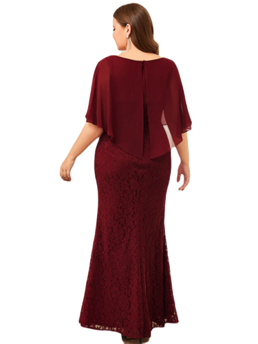 Vestido Elegante de Fiesta Largo Guinda Vino Corte Sirena Capita con Olanes Curvy T Ch a Talla Extra