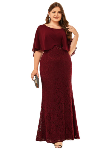 Vestido Elegante de Fiesta Largo Guinda Vino Corte Sirena Capita con Olanes Curvy T Ch a Talla Extra