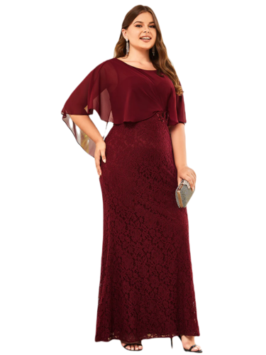 Vestido Elegante de Fiesta Largo Guinda Vino Corte Sirena Capita con Olanes Curvy T Ch a Talla Extra