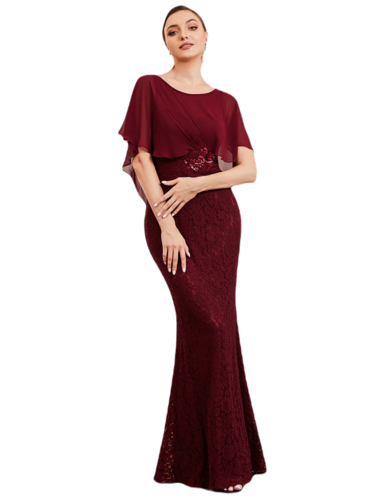Vestido Elegante de Fiesta Largo Guinda Vino Corte Sirena Capita con Olanes Curvy T Ch a Talla Extra