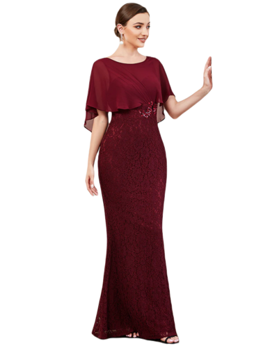 Vestido Elegante de Fiesta Largo Guinda Vino Corte Sirena Capita con Olanes Curvy T Ch a Talla Extra