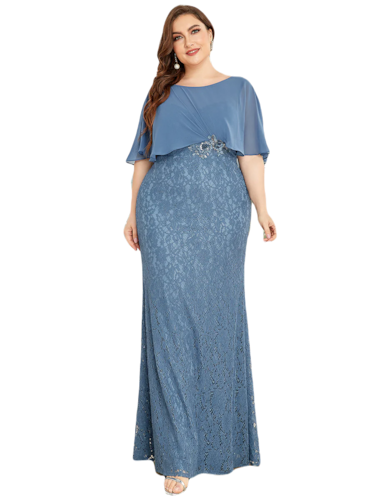 Vestido Elegante de Fiesta Largo Azul Acero Corte Sirena Capita con Olanes Curvy T Ch a Talla Extra