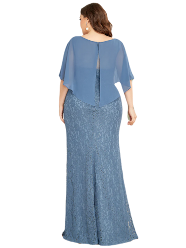 Vestido Elegante de Fiesta Largo Azul Acero Corte Sirena Capita con Olanes Curvy T Ch a Talla Extra