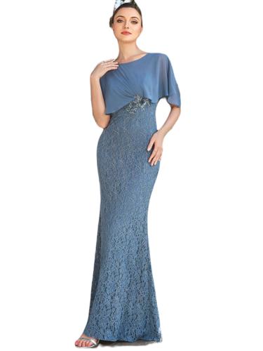 Vestido Elegante de Fiesta Largo Azul Acero Corte Sirena Capita con Olanes Curvy T Ch a Talla Extra