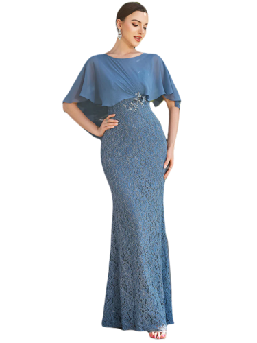 Vestido Elegante de Fiesta Largo Azul Acero Corte Sirena Capita con Olanes Curvy T Ch a Talla Extra