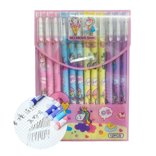 12 Bolígrafos Plumas Borrables Kawaii Conejita Unicornio