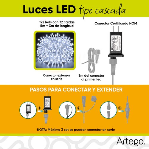 Luces Serie de Navidad tipo cascada 192 LED 5m cable transparente interior/exterior 8 modos de uso con temporizador Artego Decoración Navidad eventos bodas LED Christmas string icicle lights Blanca