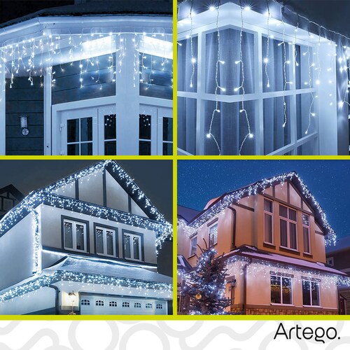 Luces Serie de Navidad tipo cascada 192 LED 5m cable transparente interior/exterior 8 modos de uso con temporizador Artego Decoración Navidad eventos bodas LED Christmas string icicle lights Blanca