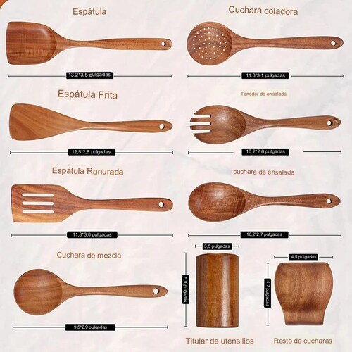 Juego De Utensilios De Madera Teca Para Cocinar. 9 Piezas