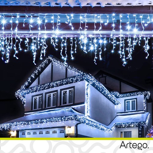 Luces Serie de Navidad tipo cascada 192 LED 5m cable transparente interior/exterior 8 modos de uso con temporizador Artego Decoración Navidad eventos bodas LED Christmas string icicle lights Blanca