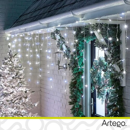 Luces Serie de Navidad tipo cascada 192 LED 5m cable transparente interior/exterior 8 modos de uso con temporizador Artego Decoración Navidad eventos bodas LED Christmas string icicle lights Blanca