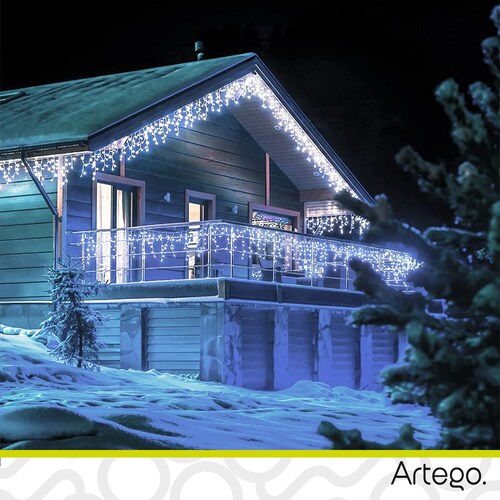 Luces Serie de Navidad tipo cascada 192 LED 5m cable transparente interior/exterior 8 modos de uso con temporizador Artego Decoración Navidad eventos bodas LED Christmas string icicle lights Blanca