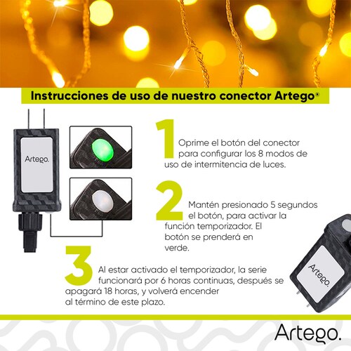 Luces Serie de Navidad tipo cascada 192 LED 5m cable transparente interior/exterior 8 modos de uso con temporizador Artego Decoración Navidad eventos bodas LED Christmas string icicle lights Blanca