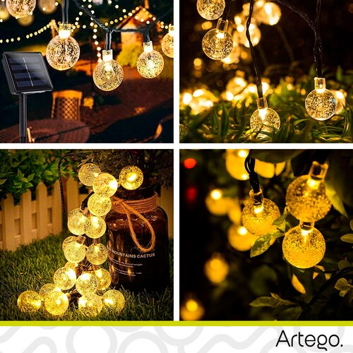 Luces de navidad solares 100 led esferas bola cristal copo de nieve snowflake style 8 modos de uso para exteriores Guirnalda de luces Amarillo