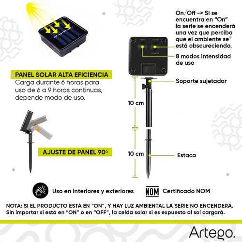 Luces de navidad solares 100 led esferas bola cristal copo de nieve snowflake style 8 modos de uso para exteriores Guirnalda de luces Amarillo