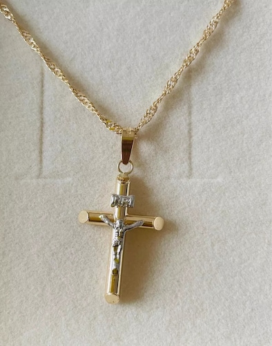 Kit Cadena Con Dije Cruz Tubo Cristo Oro 14k + Obsequio