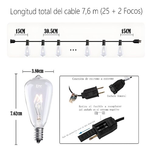 Guirnalda De Luces 25+2 St-38 Focos Exterior Vintage Jardin
