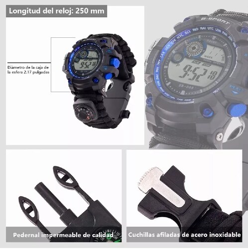 Reloj para Montaña Deporte con Supervivencia Negro con Azul