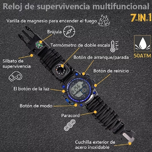 Reloj para Montaña Deporte con Supervivencia Negro con Azul