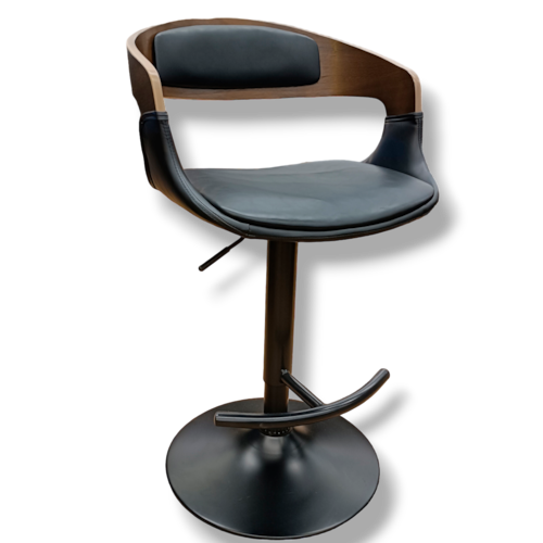 Banco Taburete PLR Base Negra Madera Ajustable Piston Barra Grupo Microtec  Minimalista Moderno Cocina Bar Restaurante desayunador Piel PU Negro Chapa Nogal
