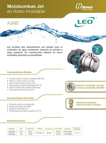 Bomba Autoaspirante Tipo Jet Acero Inoxidable Leo 1 Hp 115/127 V.