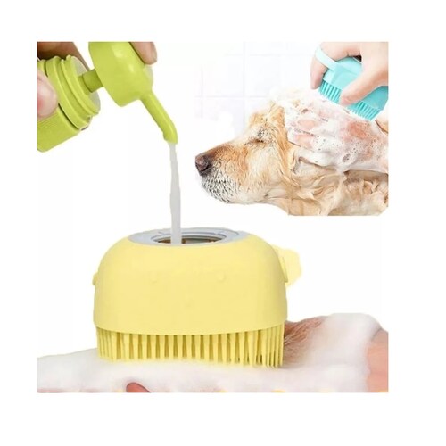 Cepillo Para Perro De Baño Masajeador Dispensador De Shampoo Amarillo