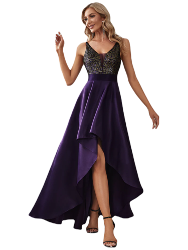 Vestido Elegante de Fiesta Largo Morado Uva Lentejuela High Low Asimétrico Con Cola Curvy T Ch a Talla Extra
