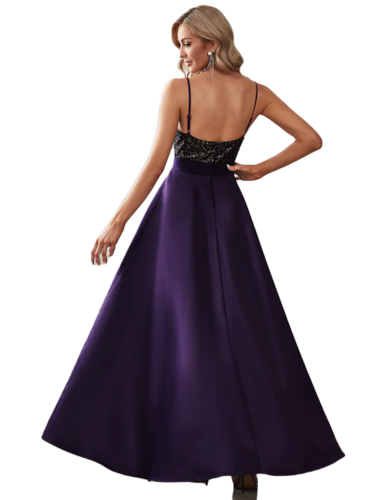 Vestido Elegante de Fiesta Largo Morado Uva Lentejuela High Low Asimétrico Con Cola Curvy T Ch a Talla Extra