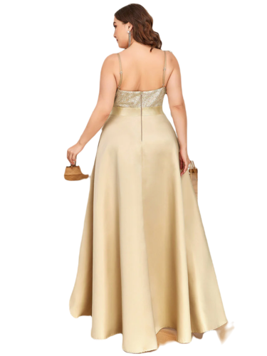 Vestido Elegante de Fiesta Largo Dorado Beige Lentejuela High Low Asimétrico Con Cola Curvy T Ch a Talla Extra