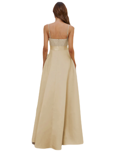 Vestido Elegante de Fiesta Largo Dorado Beige Lentejuela High Low Asimétrico Con Cola Curvy T Ch a Talla Extra