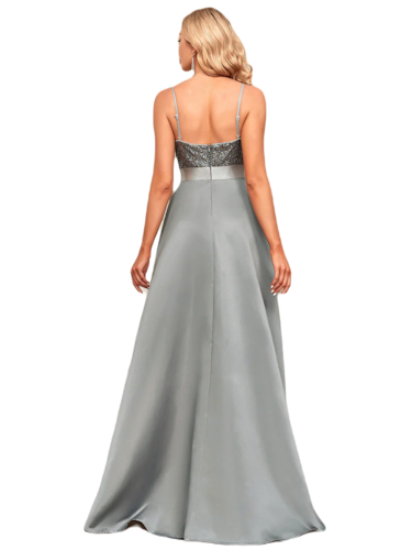 Vestido Elegante de Fiesta Largo Plata Gris Lentejuela High Low Asimétrico Con Cola Curvy T Ch a Talla Extra