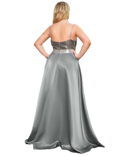 Vestido Elegante de Fiesta Largo Plata Gris Lentejuela High Low Asimétrico Con Cola Curvy T Ch a Talla Extra