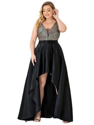 Vestido Elegante de Fiesta Largo Negro Lentejuela High Low Asimétrico Con Cola Curvy T Ch a Talla Extra