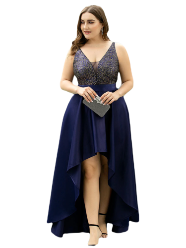 Vestido Elegante de Fiesta Largo Azul Marino Lentejuela High Low Asimétrico Con Cola Curvy T Ch a Talla Extra