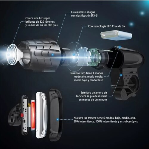 Luces Bicicleta Delantera Y Trasera Impermeable IPX5.