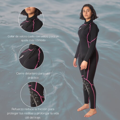 Traje de Neopreno Wetsuit Para Mujer Sea Woman de 3mm Cuerpo Completo Modelo Negro Rayas Rosa SEAPEOPLE