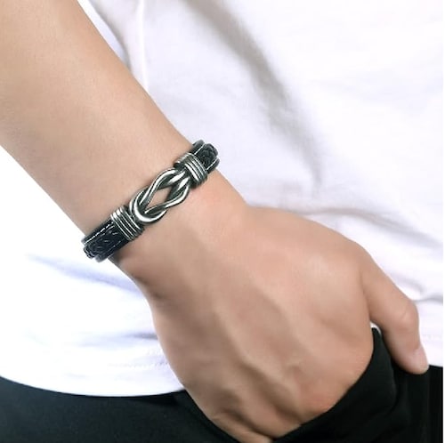 Pulsera Piel Hombre De Plata Regalos Hombre Para Hijo Negro Plata