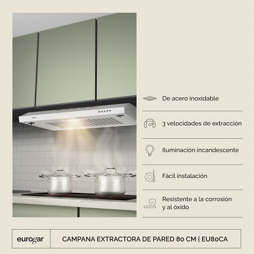 Campana Extractora De Pared 80 CM Acero Inoxidable  Eurogar EU80CA